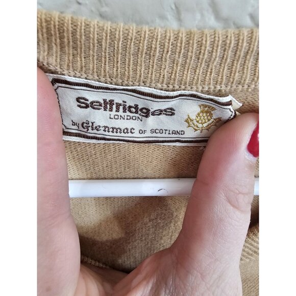 Selfridges London Geelong Lambs Wool Tan V Neck Sweater Vintage Women's Small - Picture 2 of 7